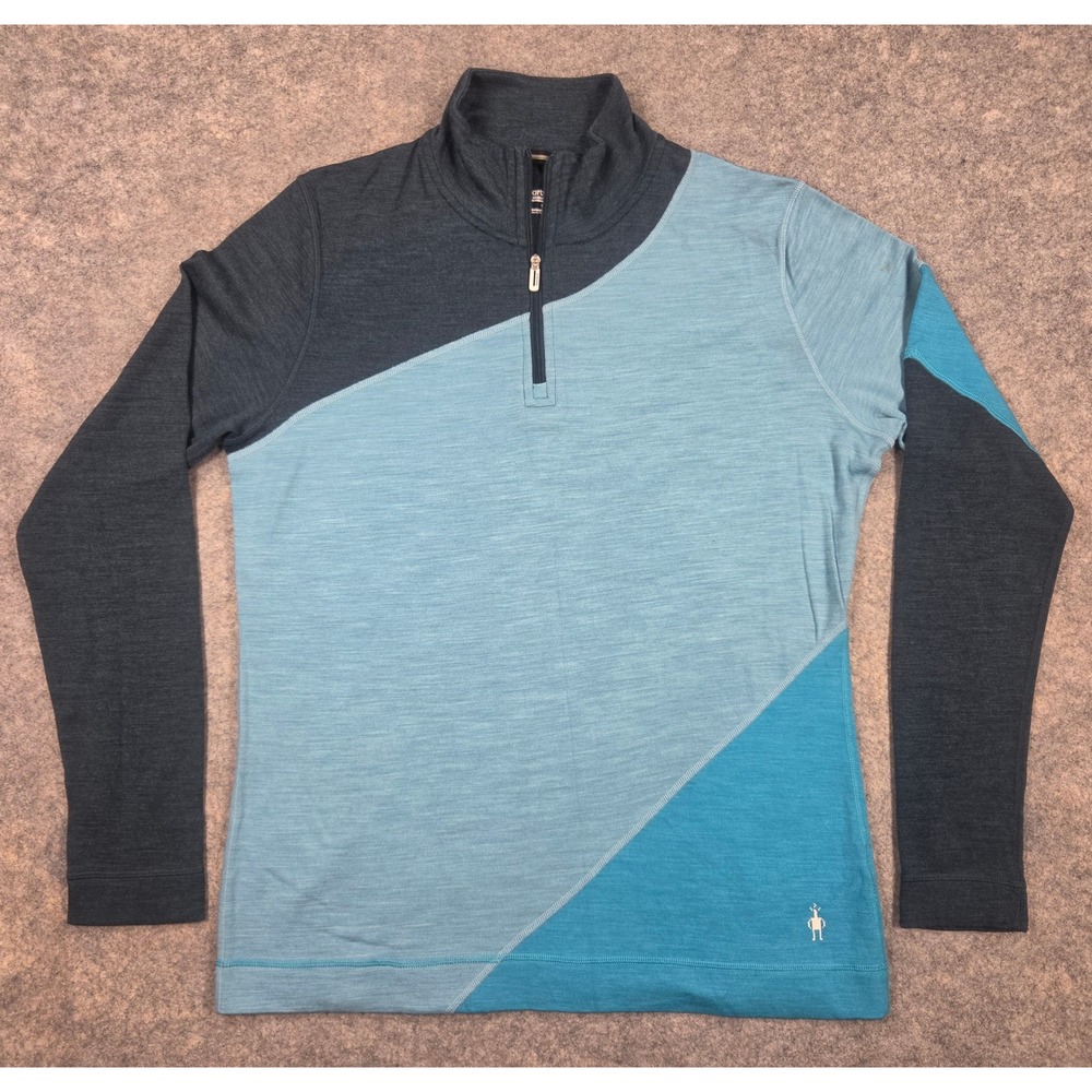 Smartwool Merino 250 Base Layer Women XL Blue Colorblock 1/4 Zip Pullover Top